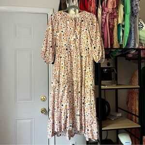 H&S pink white cotton floral tiered puff short sleeve midi dress